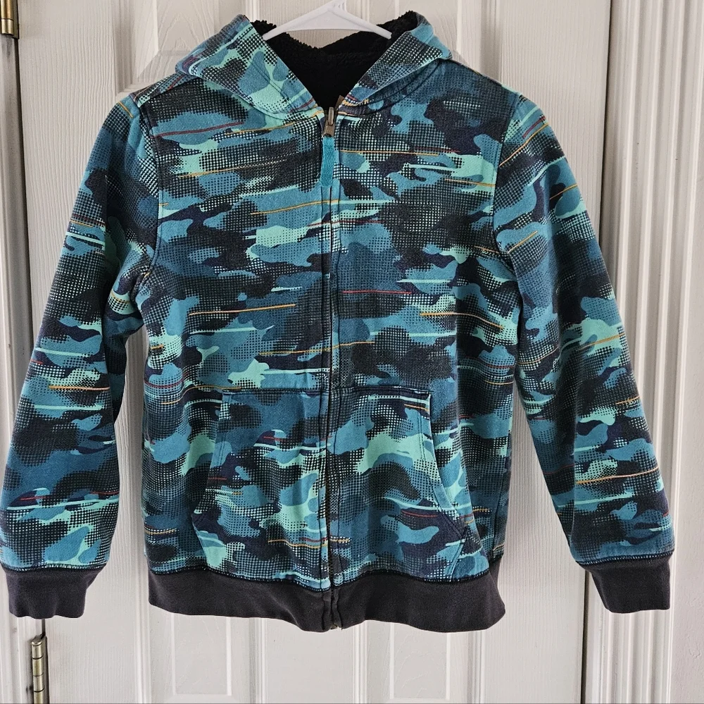 Lands' End Colorful Blue Camouflage Zip Up Reversible Cold Weather Hoodie